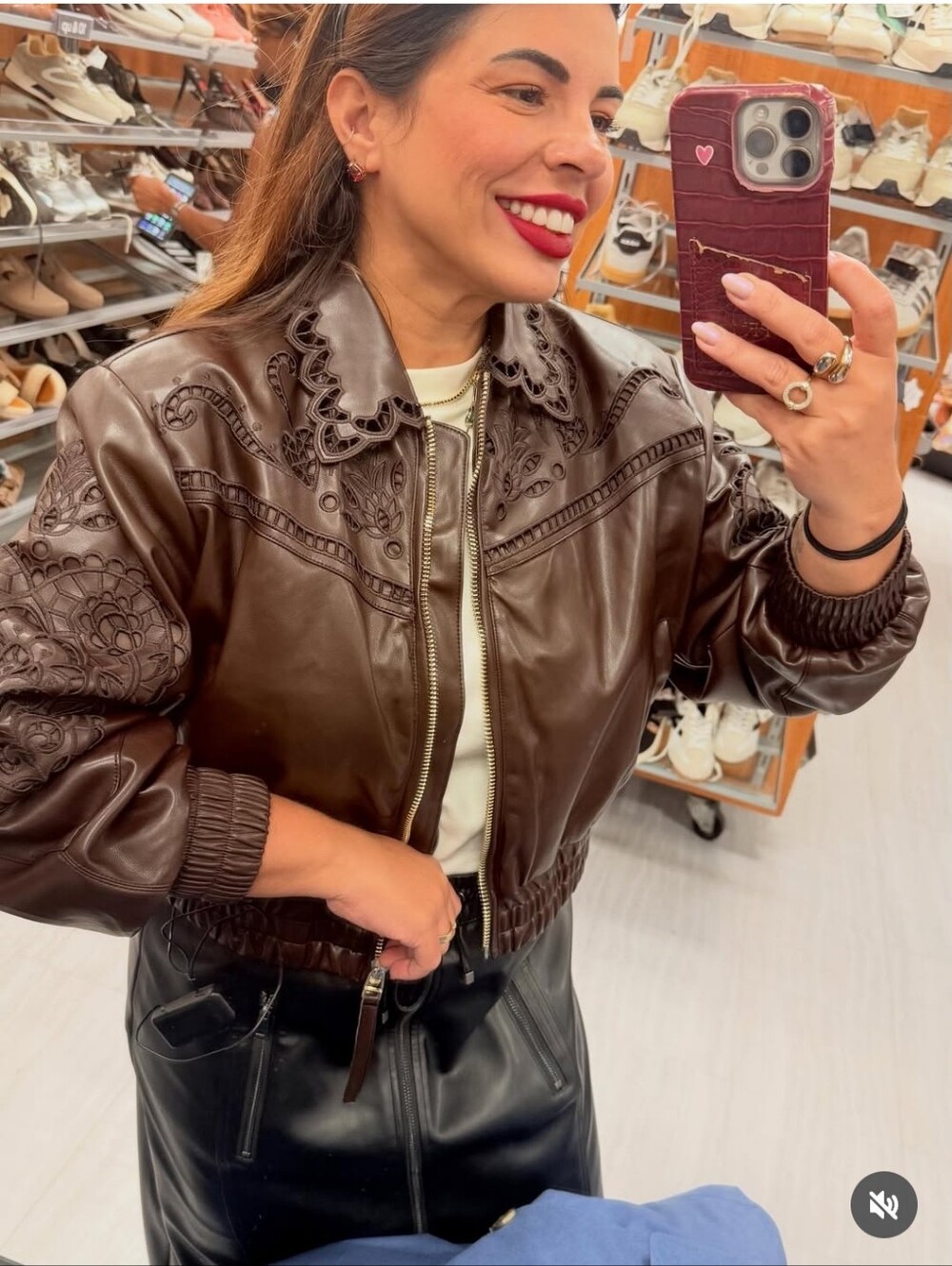 House of Harlow 1960 Dark Brown Faux Leather Embroidered Bomber Jacket